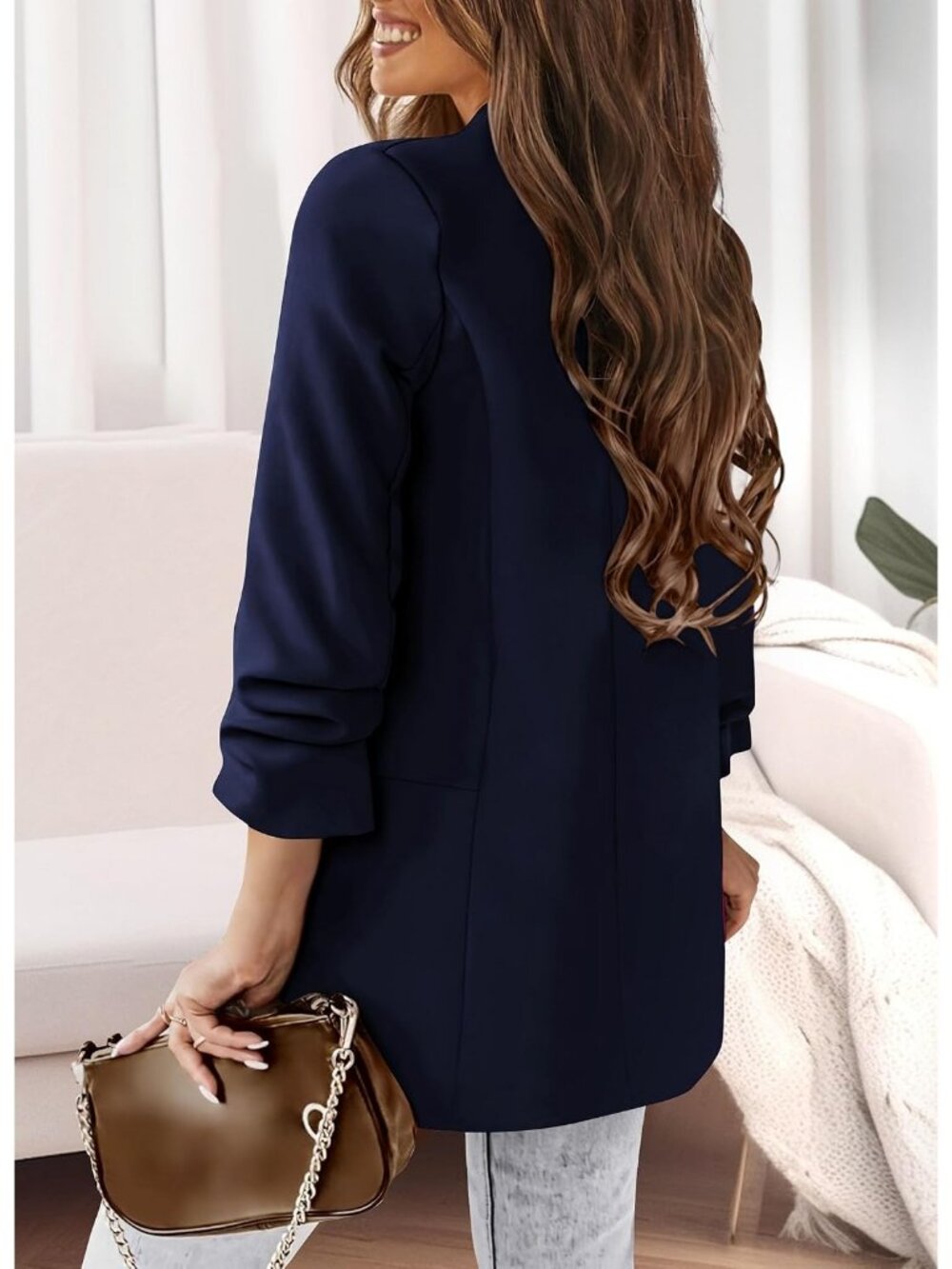 Women's Dark Blue Comfy Fabric Blazer Jacket Business Casual Open Front Suits - Picture 2 of 5